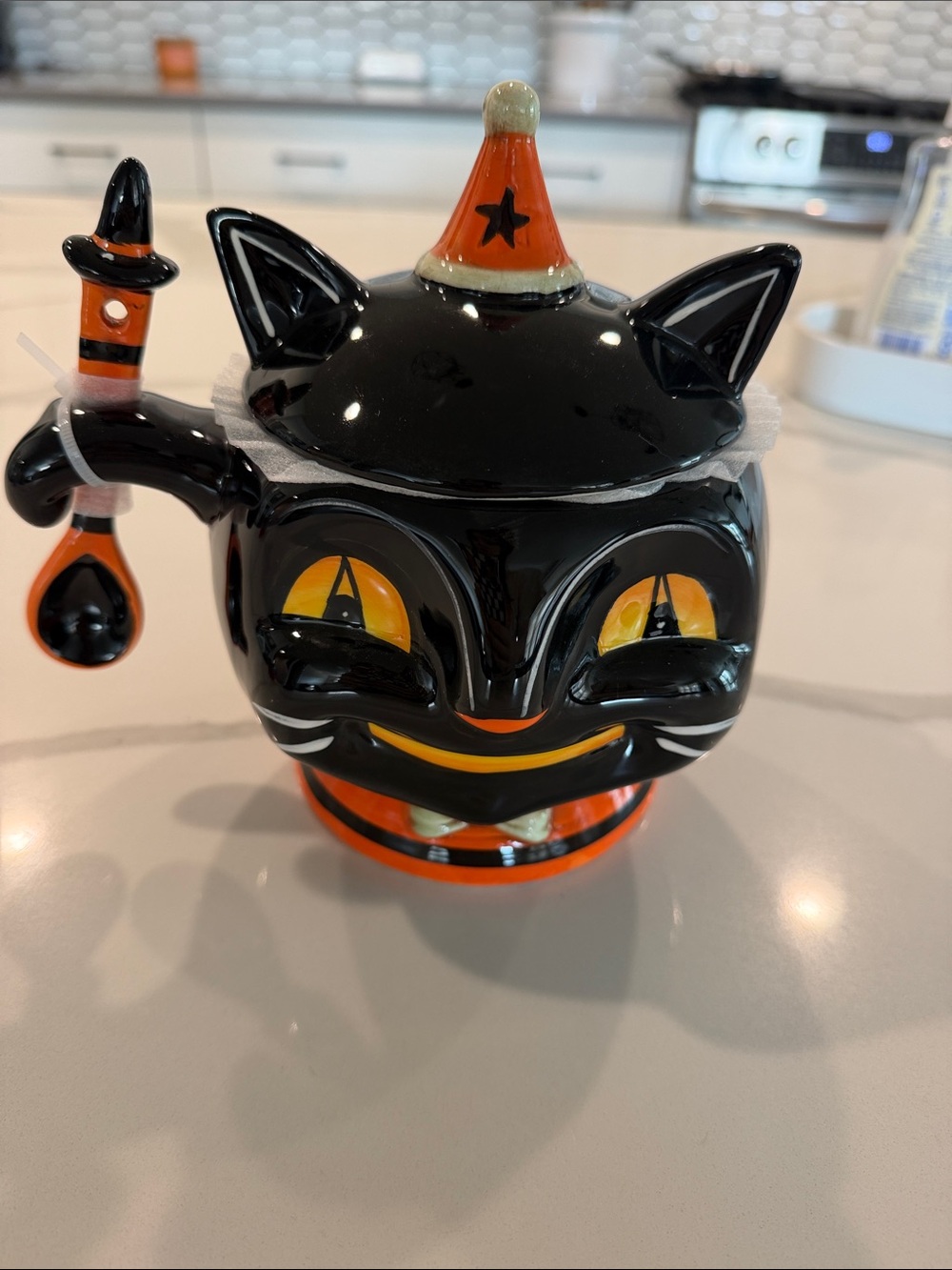Black & Orange Halloween Cat Ceramic Sugar Bowl with Spoon